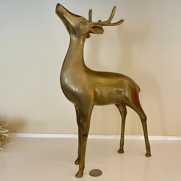 Large 12" Mid Century Standing Brass Deer Figure Xmas Reindeer Holiday Decor - Picture 4 of 8